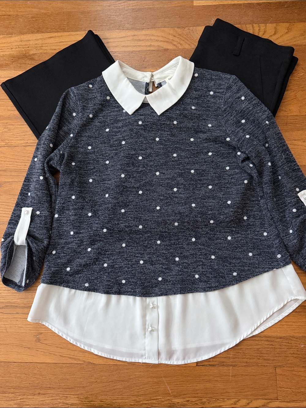 Faith and Joy gray/cream polka dot sweater with attached blouse. Size M.